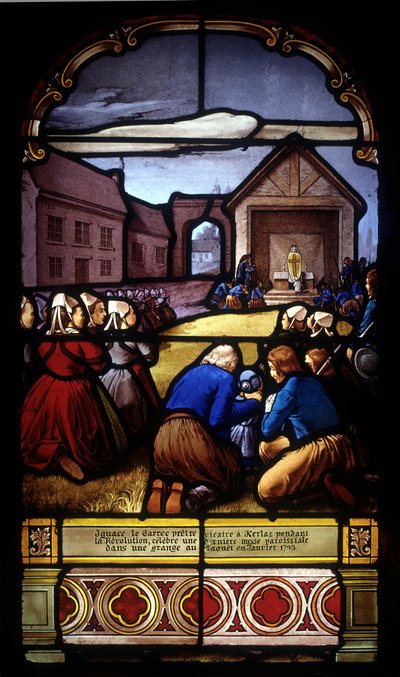 Ignace Le Garrec, vicar priest in Kerlaz during the Revolution, celebrates a last parish mass in a barn in Caouët, January 1793 - stained glass of St Germain church in Kerlaz by French School