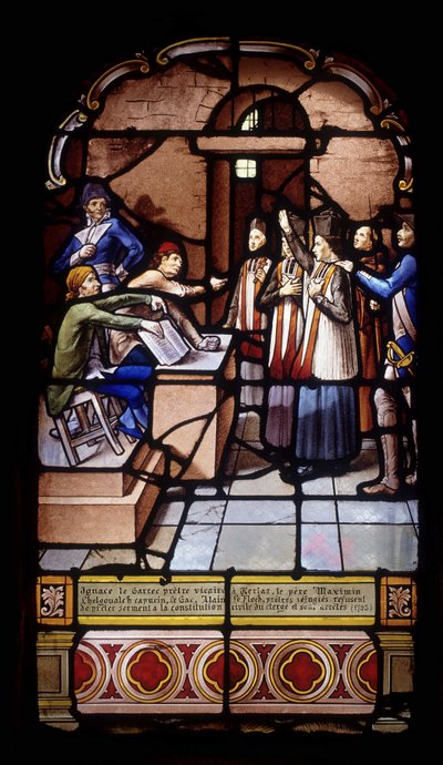 Ignace the Garrec, vicar priest in Kerlaz, Father Maximin Chelgoualch, Capuchin, Le Gac, Alain Le Floch, refugee priests, refuse to take an oath to the civil constitution of the clergy and are arrested by French School