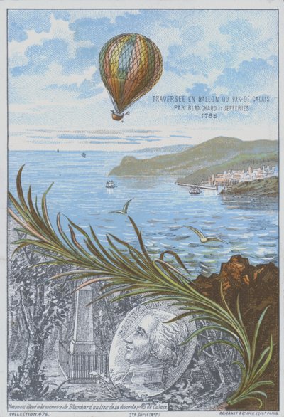 Jean-Pierre Blanchard and John Jeffries making the first balloon flight across the English Channel, 7 January 1785 by French School