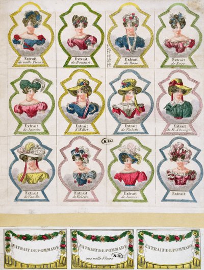 Labels advertising various flower extracts for a perfume shop, Paris, early 19th century by French School