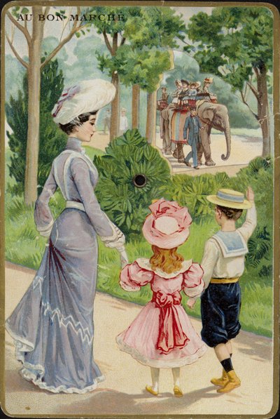Lady and Children Waving at Elephant Ride by French School