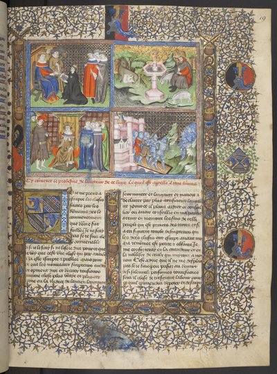 Miniatures including detail of knights in helmets with visors on a drawbridge defending a city from attacking knights with spears by French School