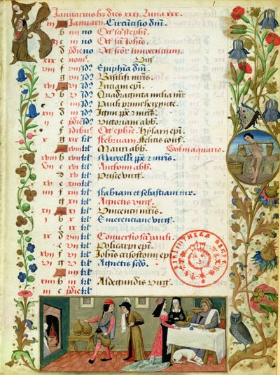 January; figures eating and drinking, by Robinet Testard, from the Hours of Charles of Angouleme by French School