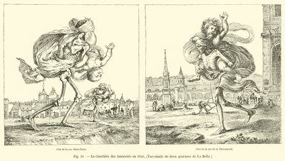 The Cemetery of the Innocents in 1640, Facsimile of two engravings by La Bella by French School