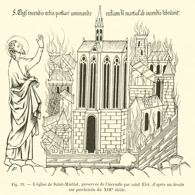 The Church of Saint-Martial, Saved from the Fire by Saint Eloi, after a Drawing on Parchment from the 13th Century by French School