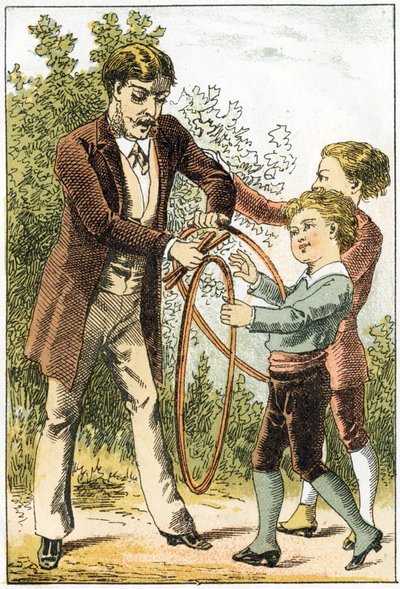 Leon and Lucien learned well to read and became little scientists - their parents to reward them bought pretty hoops - in “Alphabet des petits savants”, late 19th century (chromolithograph) by French School