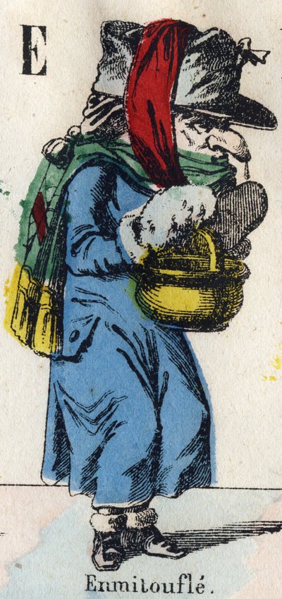 Letter E: Wrap. Engraving in "Comic Alphabet". New Epinal Imaging. Lithography Pinot et Sagaire, between 1860 and 1888 by French School