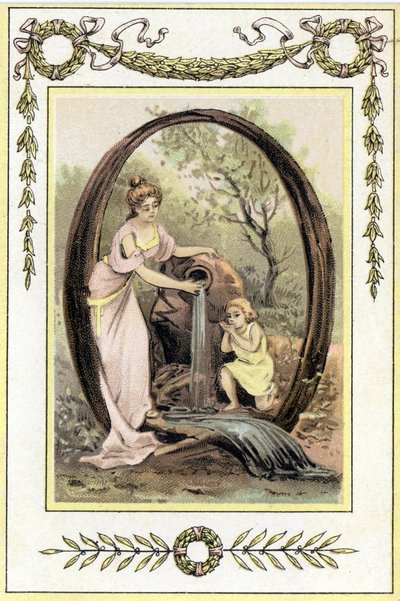 Letter Q Representing a Mother and Her Son Drinking Water from the Spring, Late 19th Century (chromolithograph) by French School
