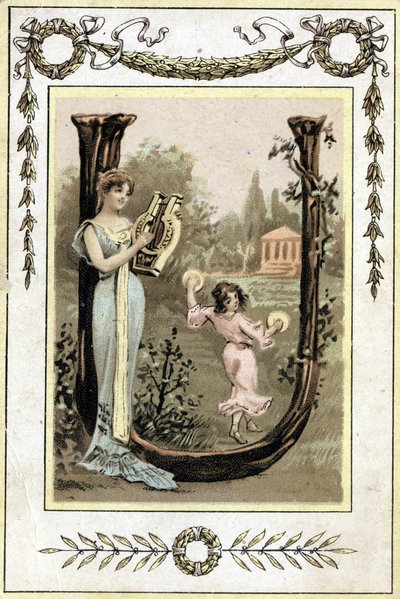 Letter representing a mother playing lyre and her daughter dancing with timpani, late 19th century (chromolithograph) by French School