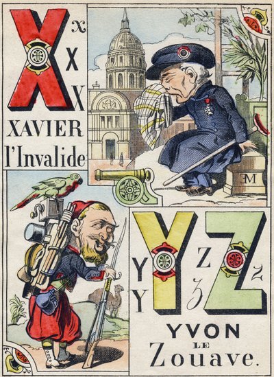 Letters X Y Z: Xavier the Invalid and Yvon the Zouave. Engraving in "Comic Military Alphabet". Fifth Series. Epinal Imaging, late 19th century by French School