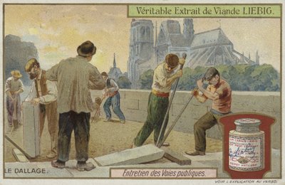 Liebig card featuring road maintenance by French School