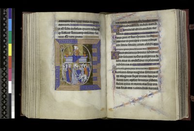Matins, Virgin and Child seated between two vases on bench (above); Betrayal of Christ, with Judas kissing Christ, and St Peter cutting off Malchus’ ear (below), from the Psalter and Hours of Isabella of France, Paris, c.1265-70 by French School