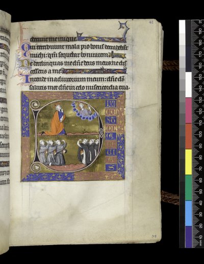 MS 300 f.42r, David prays to God in cloud, from the Psalter and Hours of Isabella of France, Paris, c.1265-70 by French School