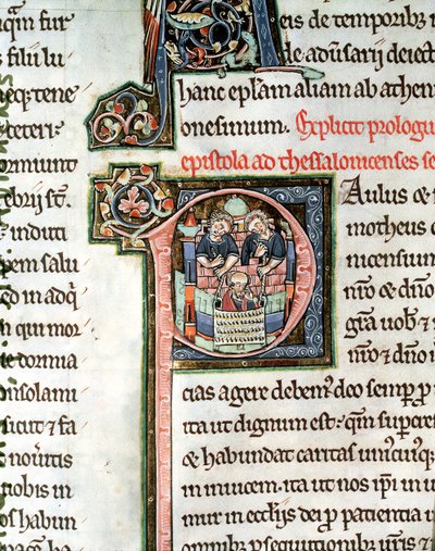 The Escape of Saint Paul from Damascus, illuminated initial letter P, 13th century, from the Avranches Bible by French School