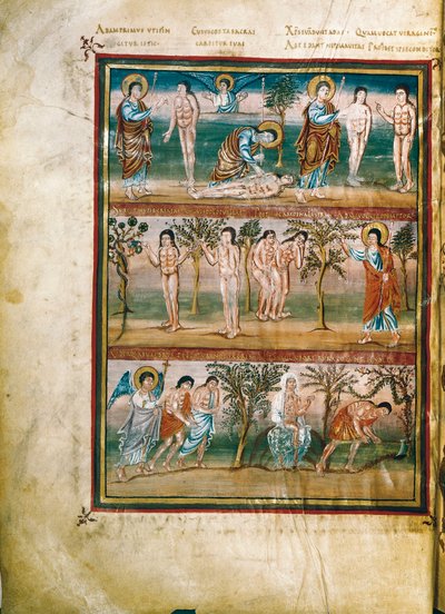 Manuscript page representing episodes from the life of Adam and Eve: creation of Adam and Eve. The original sin. Expulsion from Paradise by French School