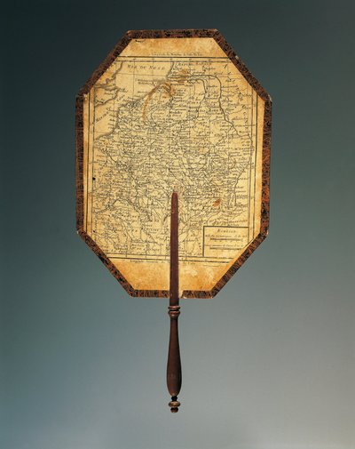 Map of Northeastern France, gouache-painted cardboard fan with watercolored print and shaped wood handle by French School