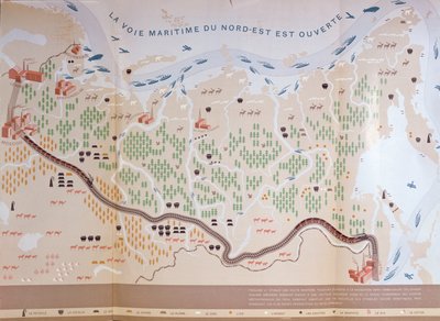 Map of Siberia Showing the Immense Natural Resources of the Area and Depicting a Sea Route Which Would Open Up Trade, 1933 by French School