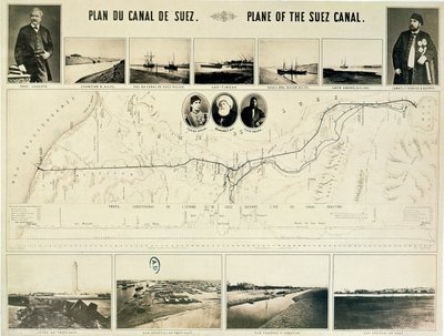Map of the Suez Canal accompanied by different views and portraits of Ferdinand de Lesseps and Ismail Pasha, 1869 by French School