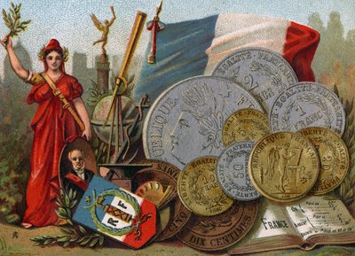 Marianne beside the French Tricolore flag, a globe and telescope and a display of francs, c.1890 by French School