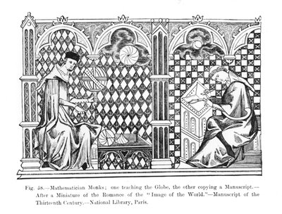 Mathematician Monks: One Teaching the Globe, the Other Copying a Manuscript, from the Manuscript Image of the World, Illustration from Science and Literature in the Middle Ages and the Renaissance by French School