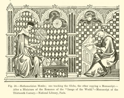 Mathematician Monks; one teaching the Globe, the other is copying a Manuscript by French School