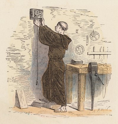 Monk using a clock to tell the time by French School