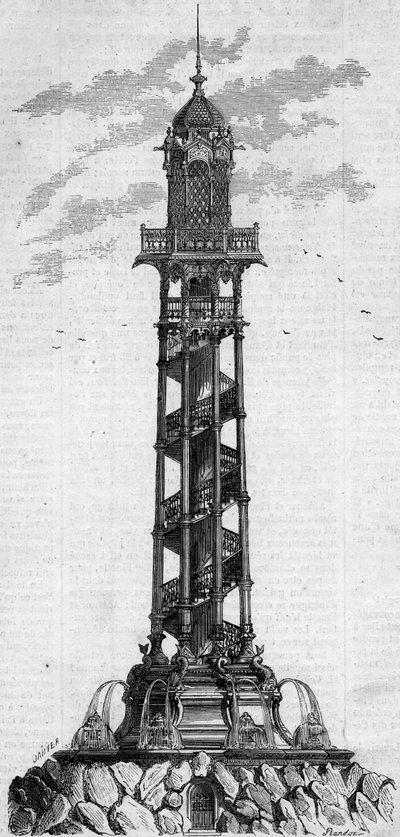Monumental column of the artesian well of Passy by German engineer Charles Gosshelf Kind. Engraving in 