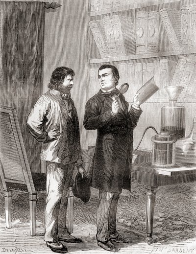 Moritz von Jacobi, on the Right, Discovering Galvanoplastics, or Electrotyping in 1838, from Les Merveilles de la Science, Published c.1870 by French School