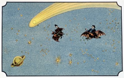 Mr. Baboulifiche and his servant Papavoine riding a bat in space - in 