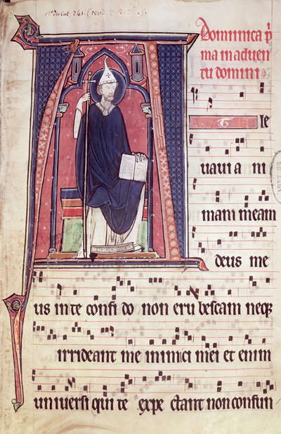 Historiated initial A depicting St. Gregory, from the Antiphonal for the consecration of the Abbey Church of Vauclair, 1257 by French School