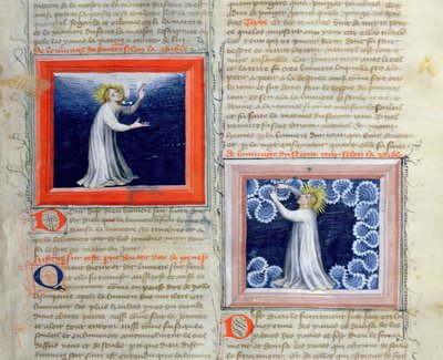 God separating the light from the darkness (on the left) and creating the firmament (on the right), from the Bible des Grands Augustins, 1494 by French School