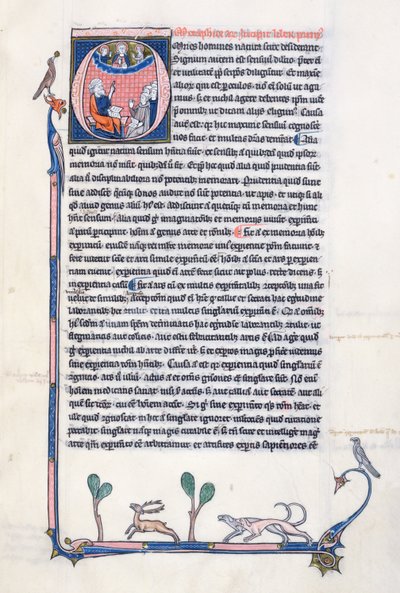 Historiated initial O depicting the ancient Greek philosopher Aristotle, teaching a group of clerics from Western Europe and pointing upwards towards God in the heavens by French School