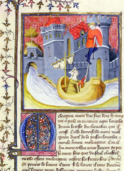 Knight escaping from a castle with the help of a lady, from the Livre de Messire Lancelot du Lac by French School
