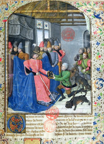 Ms 3717 Huntsman Presenting the Author with a Copy of His Treatise on Hunting, from the Livre de la Chasse by Gaston Phebus de Foix (1331-91) by French School