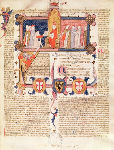 Jean Andre presenting his work to Pope Clement V (c.1260-1314) by French School