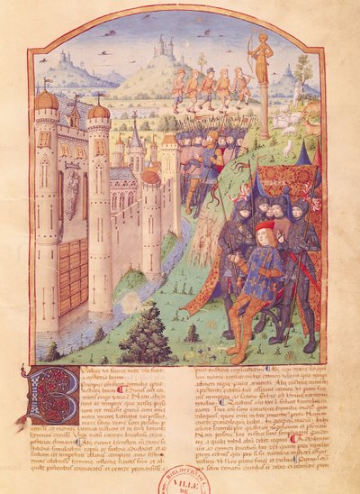 Ms 493 fol.1r The Works of Virgil with Commentary by Servius, The Bucolics, King sitting on his throne surrounded by his guards in front of a fortified town, France, 1469 by French School