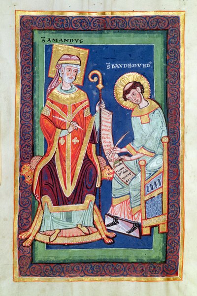 St. Amand returning a scroll to St. Baudemond, from the Life and Miracles of St. Amand by St. Baudemond by French School