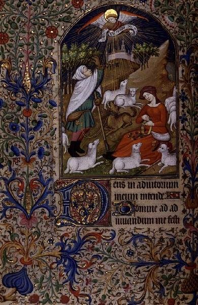 Angel Appears to a Shepherd, a Woman Sits Making a Garland, from a Book of Hours by French School
