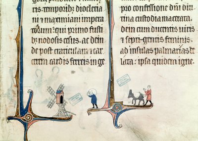 A Man Driving his Donkey Carrying Bags of Wheat to a Windmill, from Obituaire de Notre Dame de Pres, after 1270 by French School
