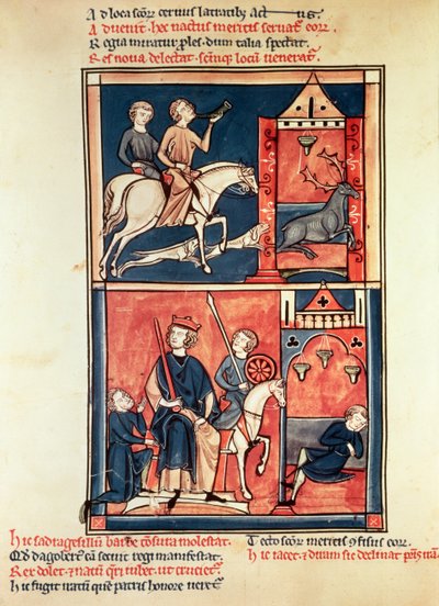 A Stag Hunt and a King, Possibly Dagobert I (632-39) on His Throne, from the Life and Miracles of St. Denis by French School