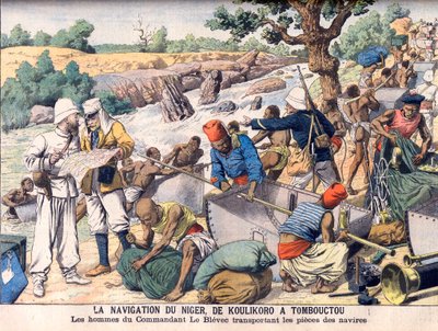 Navigating the River Niger between Koulikoro and Timbuktu. An Expedition Commanded by Commander Le Blevec Transporting Boats in Sections Around Rapids. by French School