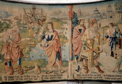 Samothes, the first king of Gauls, with a scepter in hand and an alphabet, at the bottom a boat and landscapes of Gaul, the Mediterranean, the Rhone and the ocean, on the right, Celtic Jupiter by French School