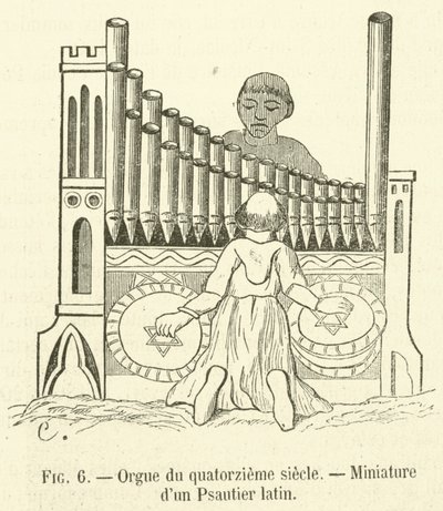 14th Century Organ, Miniature from a Latin Psalter (engraving) by French School