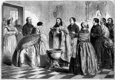 Orthodox rite - baptism: baptism ceremony, according to the Greek rite, in the upper Russian society in 1858 by French School