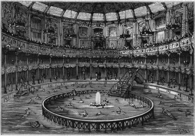 Overview of the Swimming Pool on Rue Saint Honore, in Paris. Engraving in 