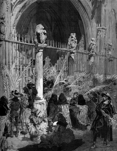 Palm Sunday in Spain: sale of blessed palm trees in front of the cathedral of Toledo. Engraving of Virgo in 