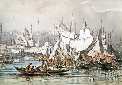 Panorama of Shipping in the Harbour at Constantinople with the Blue Mosque and Haghia Sophia by French School