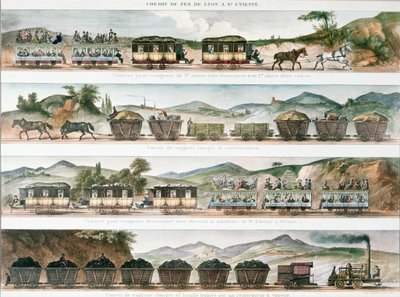 Passengers and freight on the first French line opened between Lyon and St. Etienne, 1829 by French School