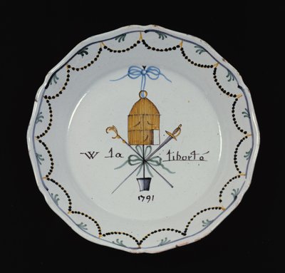 Plate with an open bird cage and the legend Vive la Liberte, 1791 by French School