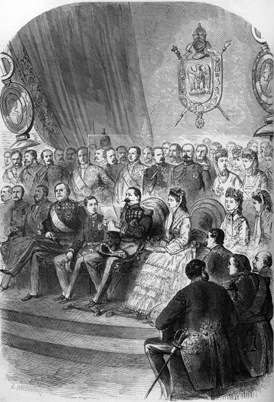 Plebiscite of 1870: presentation of the official declaration of the results to Napoleon III. Also present are the emperor Eugenie de Montijo, her son Prince Imperial, the princesses Mathilde Bonaparte and Clo by French School
